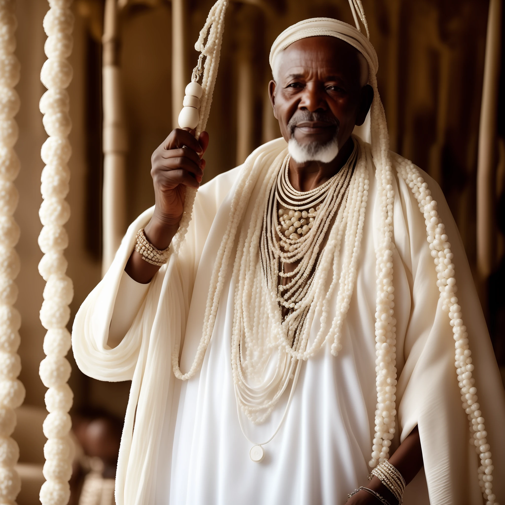 A realistic photo of an old black African man in all-white traditional clothes, white beaded necklaces, in his hands a white staff with strands of white beads hanging.