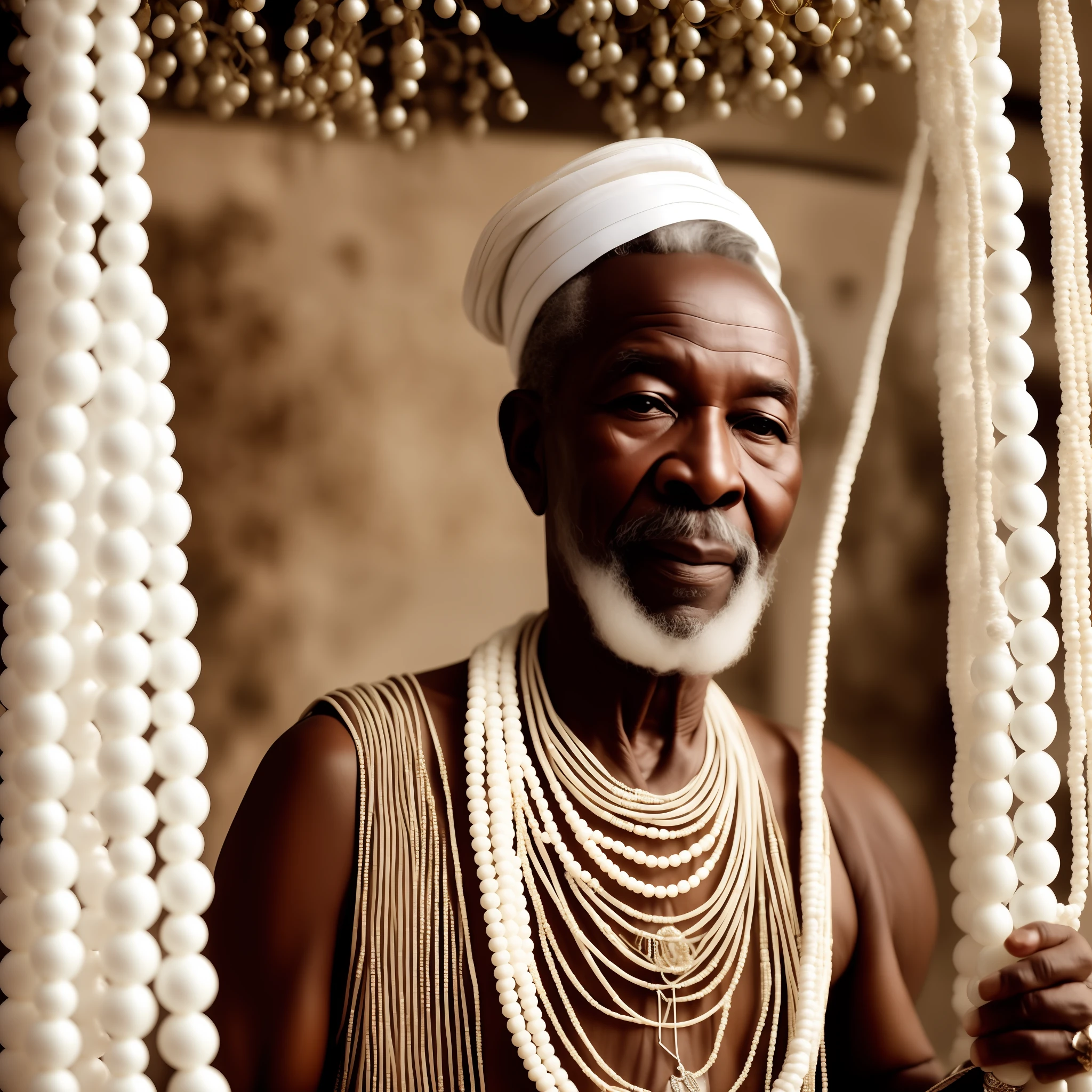 A realistic photo of an old black African man in all-white traditional clothes, white beaded necklaces, in his hands a white staff with strands of white beads hanging.