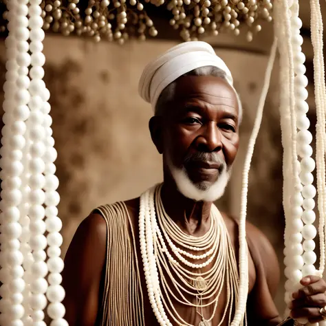 a realistic photo of an old black african man in all-white traditional clothes, white beaded necklaces, in his hands a white sta...