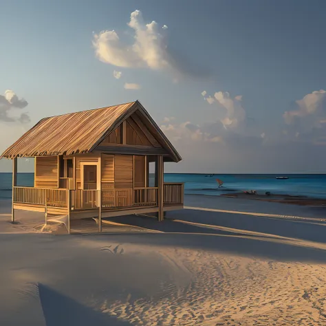 small wooden house located on a virgin white sand beach. very intricate image, hyper-detailed, photorealistic, 8k --auto --s2