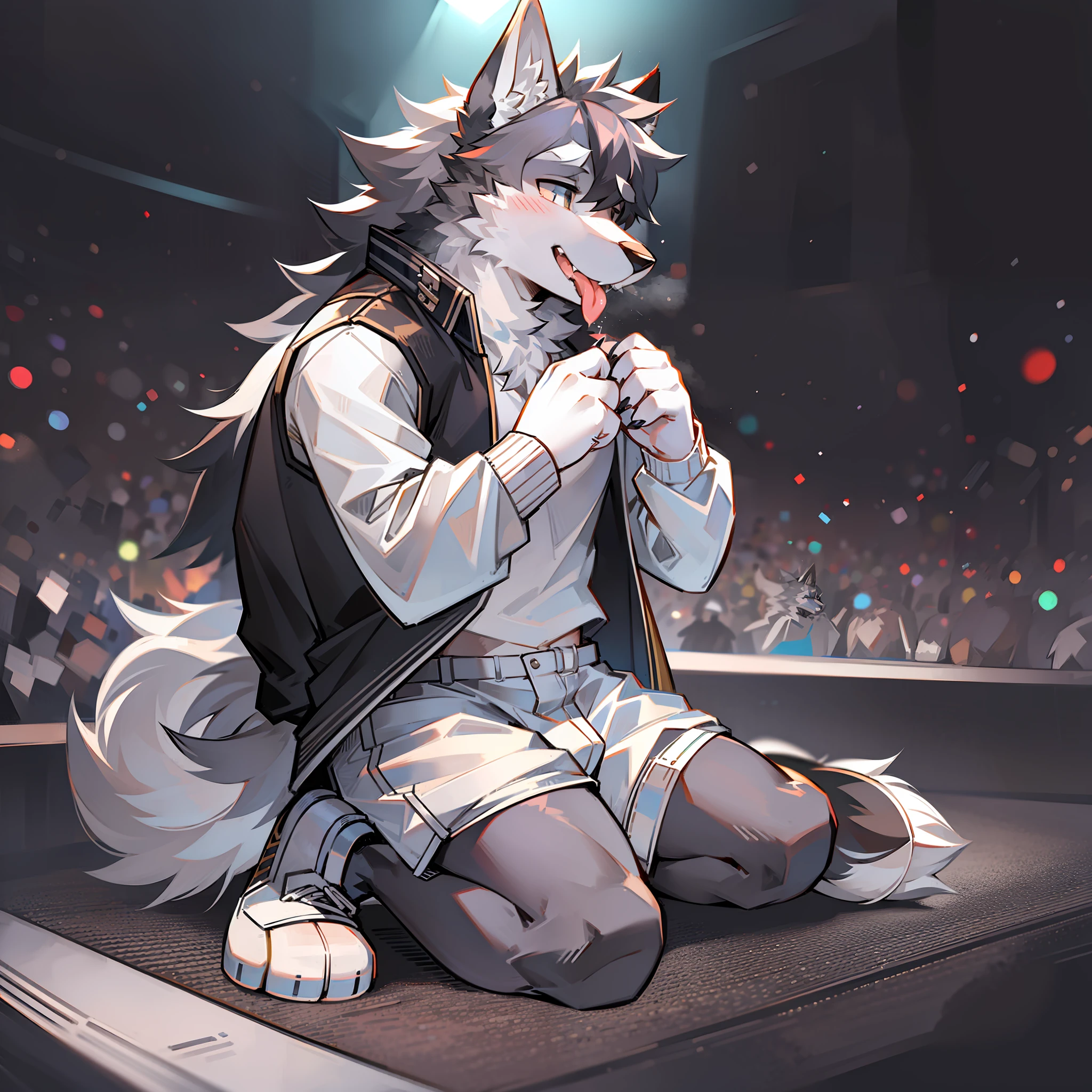 Male, wolf head, wolf tail, black fur, covered in fur, white vest, white shorts, white socks, white shoes, kneeling on the ground, facing the audience, sticking out their tongue, raising their hands