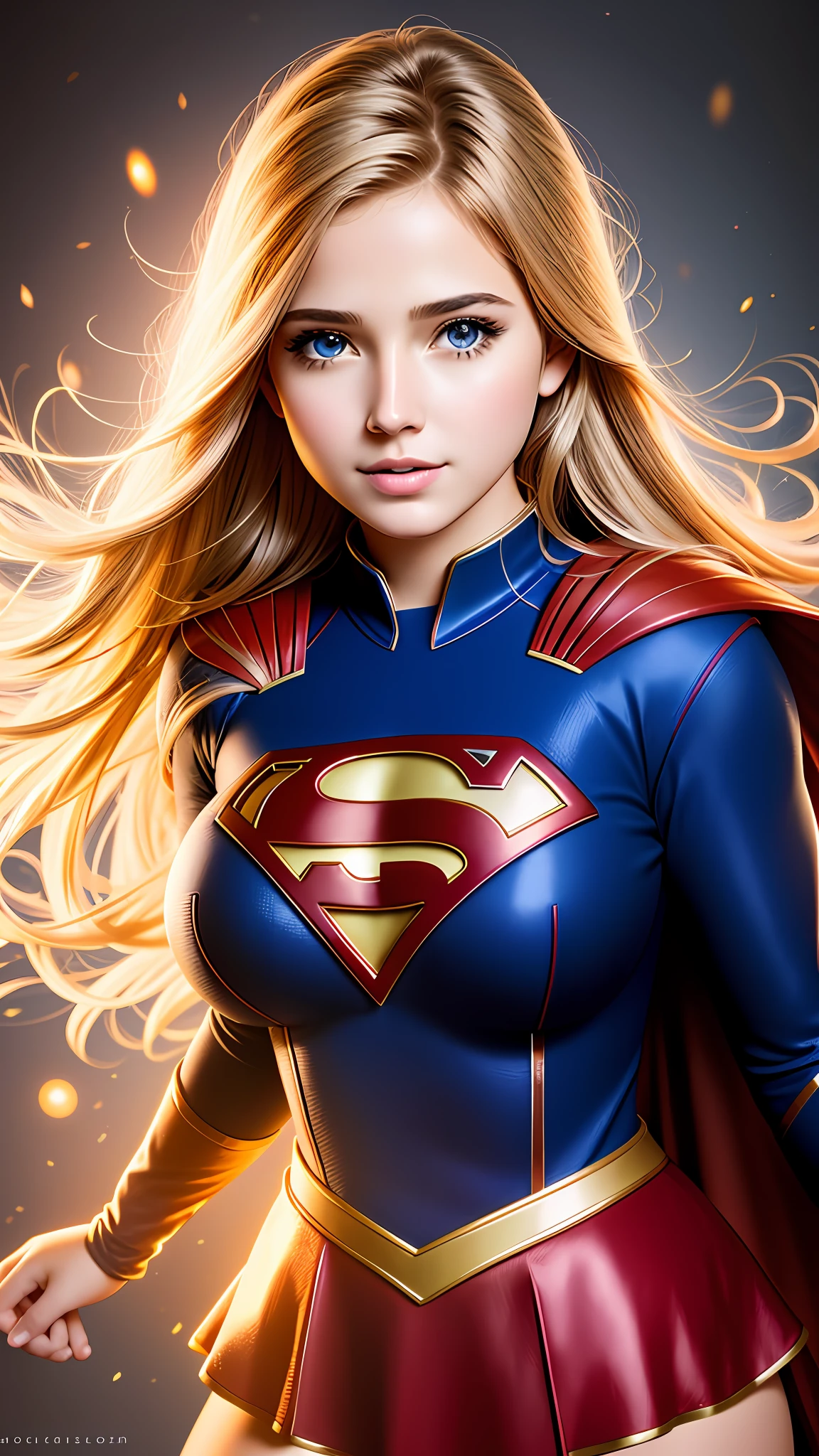 Fotoporträt von Supergirl, bunt, realistische runde Augen, verträumte magische Atmosphäre, Superheldenkostüm,  (große Brüste:1.3),