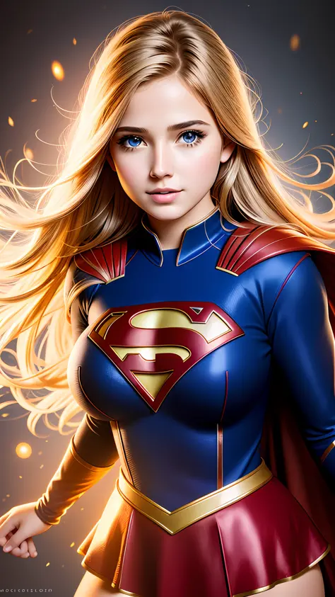 photo portrait of  the Supergirl, colorful, realistic round eyes, dreamy magical atmosphere, superheroine costume,  (large breas...