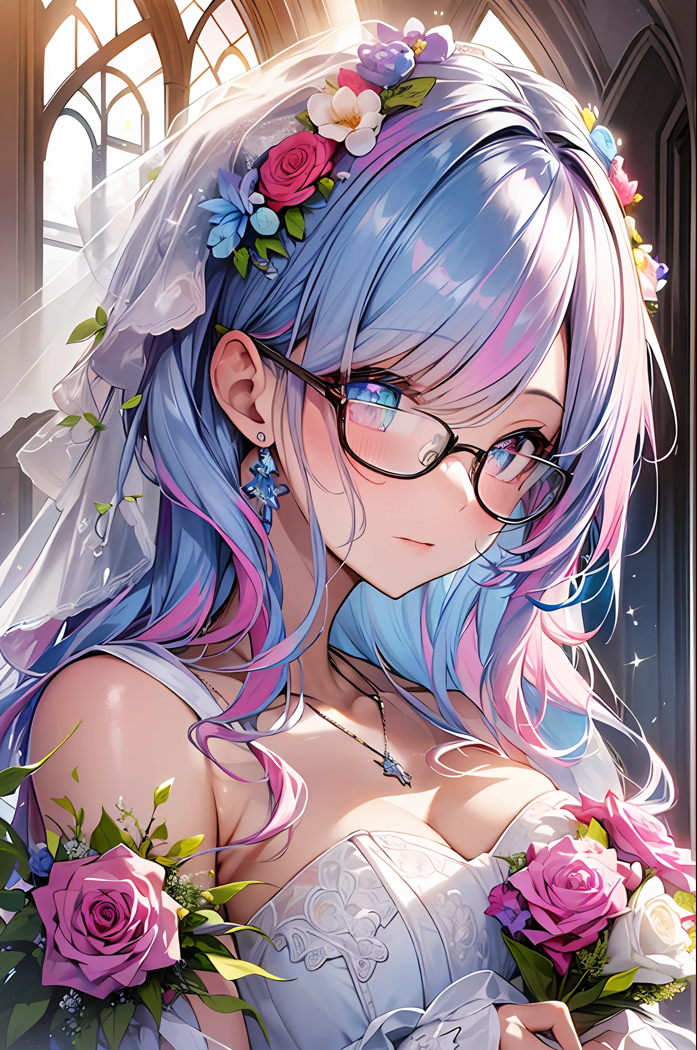 (masterpiece, highest quality, highest quality, watercolor art (pendant), official art, beautiful and aesthetic: 1.2), (1 girl: 1.3), (fractal art: 1.3), whole body, (glitter pupil)), pattern, ((iridescent hair, colorful hair, half blue and half pink hair: 1.2)), colorful, glasses, writing, heterochromia, (colorful: 1.5), (1 bouquet), ((( Wedding dress)), church, (((kissing face)), (close-up)