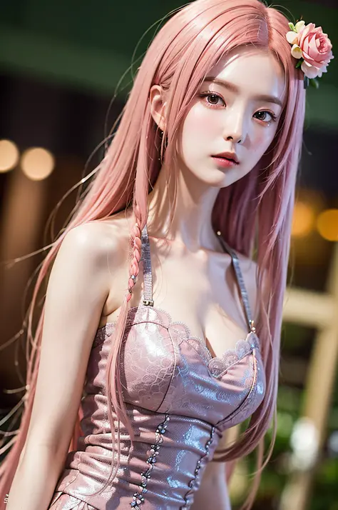 ((very detailed cg)), ((8k)), beautiful maiden, flowers, suit, forest, city night scene, a girl, beautiful face, long pink hair