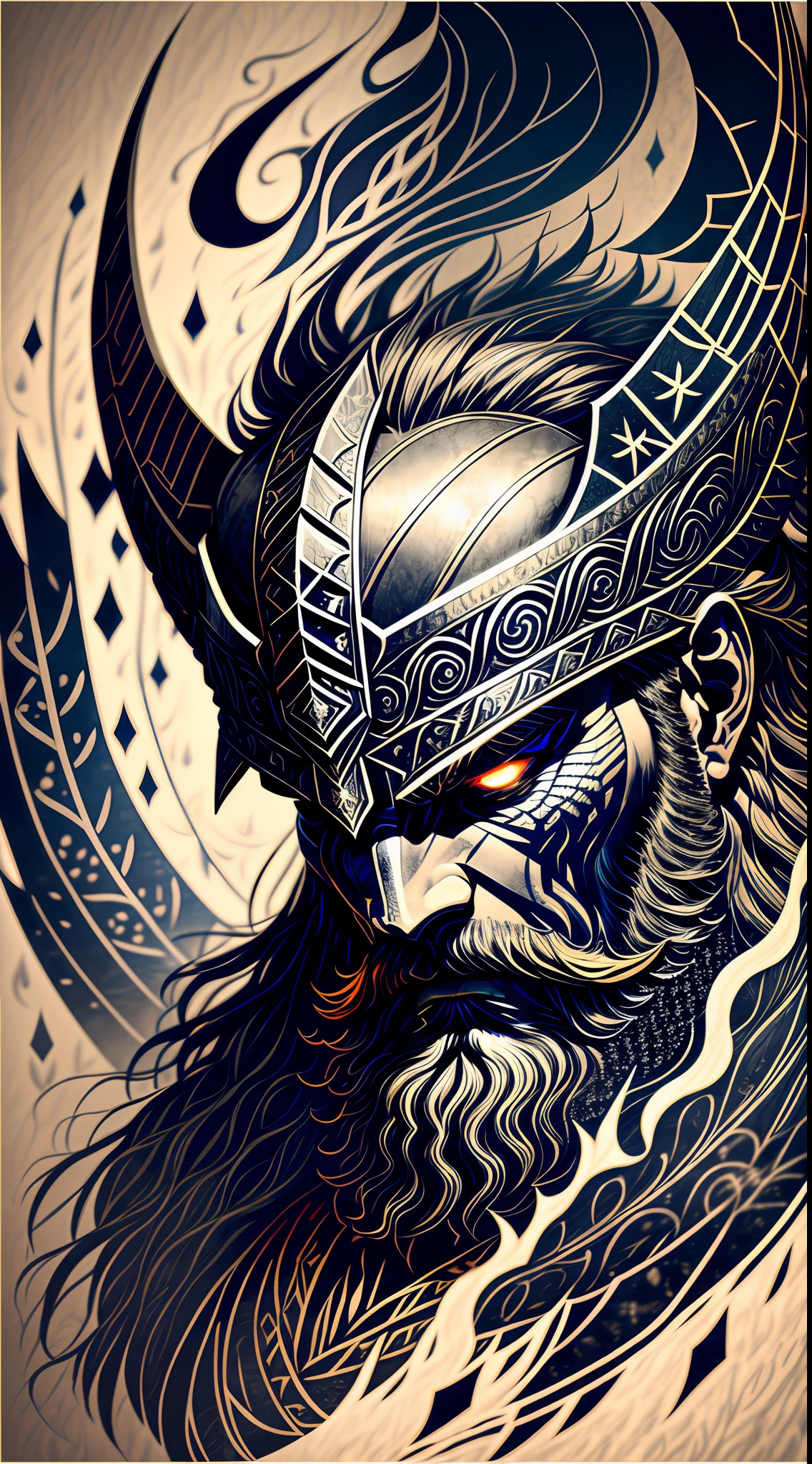 An intense close-up of a Viking warrior with piercing, glowing eyes, surrounded by an inky darkness. His horned helmet gives him an imposing silhouette, while his wild, flowing beard adds a touch of ruggedness. The warrior's face bears an expression of deep anger, a testament to his ferocity in battle. The backdrop is filled with swirling tendrils of inky blackness, reminiscent of ancient mythological forces. The atmosphere is tense, hinting at the mythical powers that surround the warrior. The image combines high detail and an artistic touch, creating a captivating visual experience. Artwork, ink on parchment