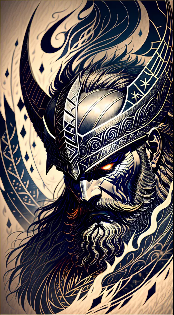 An intense close-up of a Viking warrior with piercing, glowing eyes, surrounded by an inky darkness. His horned helmet gives him...