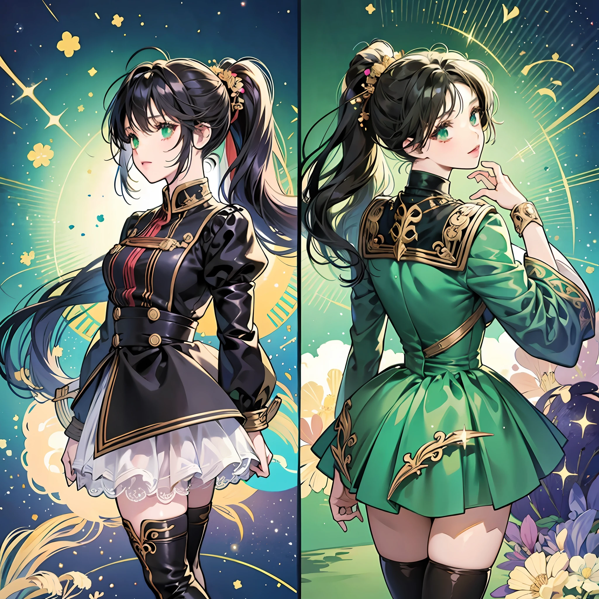 Two anime girls in green and black outfits with flowers - SeaArt AI