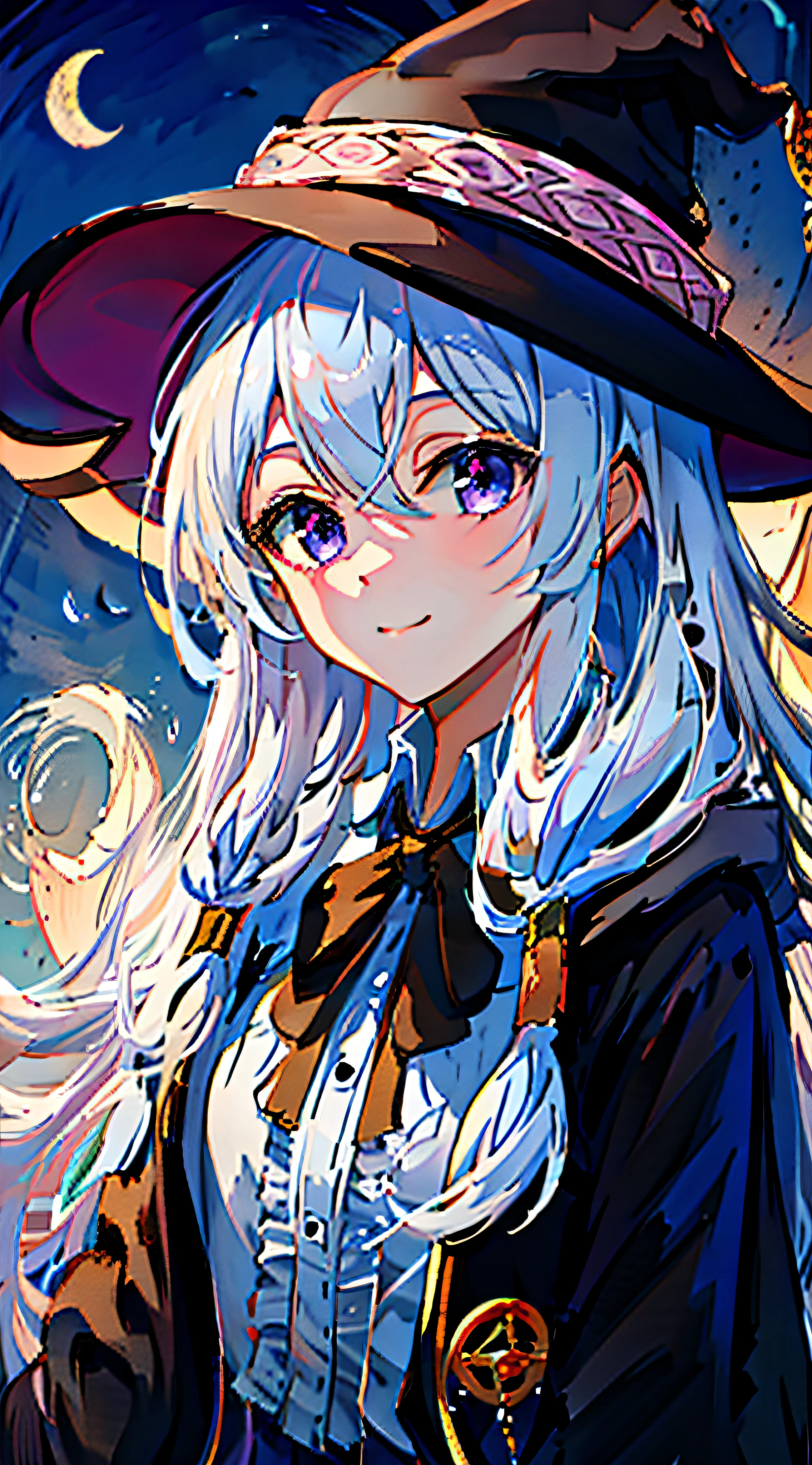 masterpiece, best quality, 1girl, elaina_(majo_no_tabitabi), silver hair, purple eyes, long hair, hat,smile,moon --auto --s2