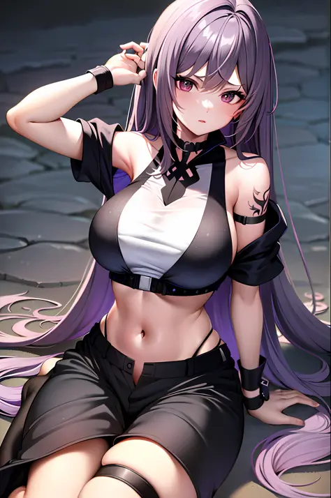 1girl, solo,black bodysuit,eyewear on head, navel, pants, purple eyes, rain, black pants, looking at viewer, bare shoulders, sto...