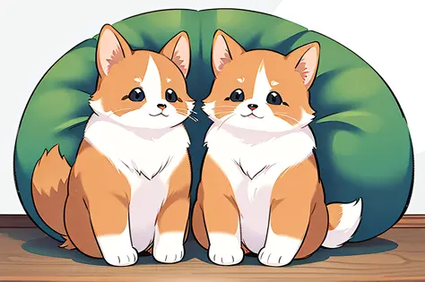 light background, two kittens leaning together, hand drawn cartoon art style, cute corgi, cute: 2, animated illustration style, ...