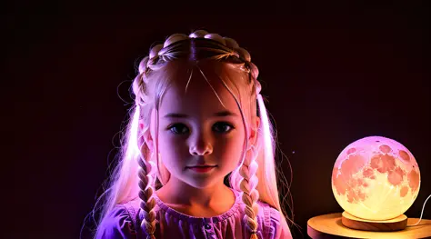 a girl BLONDE CHILD IN BRAIDS, PORTRAIT, a pink moon lamp on a wooden support, bright big moon, pink moon, moon light, giant pink full moon, mood light, full moon lighting, moon brightness, moon illumination, purple ambient light, lunar, moon backlight, mo...