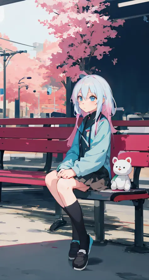 anime girl sitting on a bench with a stuffed animal, anime style 4 k, anime style. 8k, anime moe artstyle, anime style illustrat...