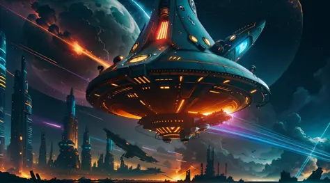steampunk style, cool tones, cinematic effects, motion photography, time-lapse, Fujifilm, long exposure, sci-fi style starships, flying starships in the sky, shark-like starships, huge turbine engines erupting blue flames, missiles in flight, ambient light...