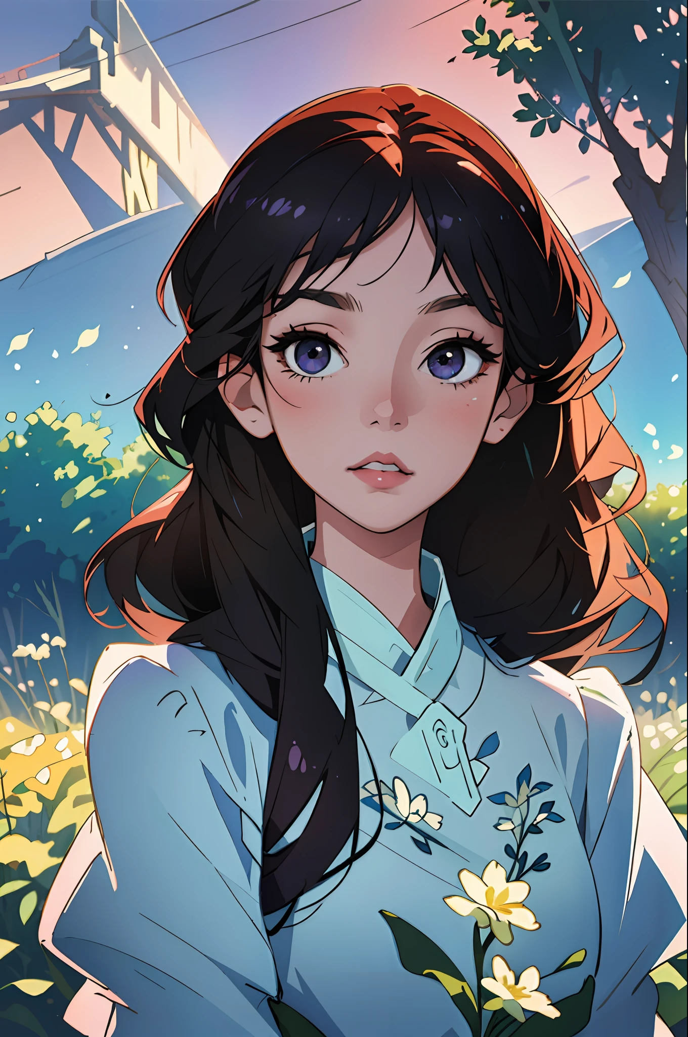 (best quality, masterpiece), highly detailed, 8k, (colorful), (bright colors), soft color, soft light, artstation sample, soft edges, young spirit, illustration, floral patterns, cinematic lighting,
lavender background, detailed background, natural background, flowery field in the background, sunlight, carefree, beautiful detailed eyes, dark eyes, beautiful face, black eyes, flowing hair