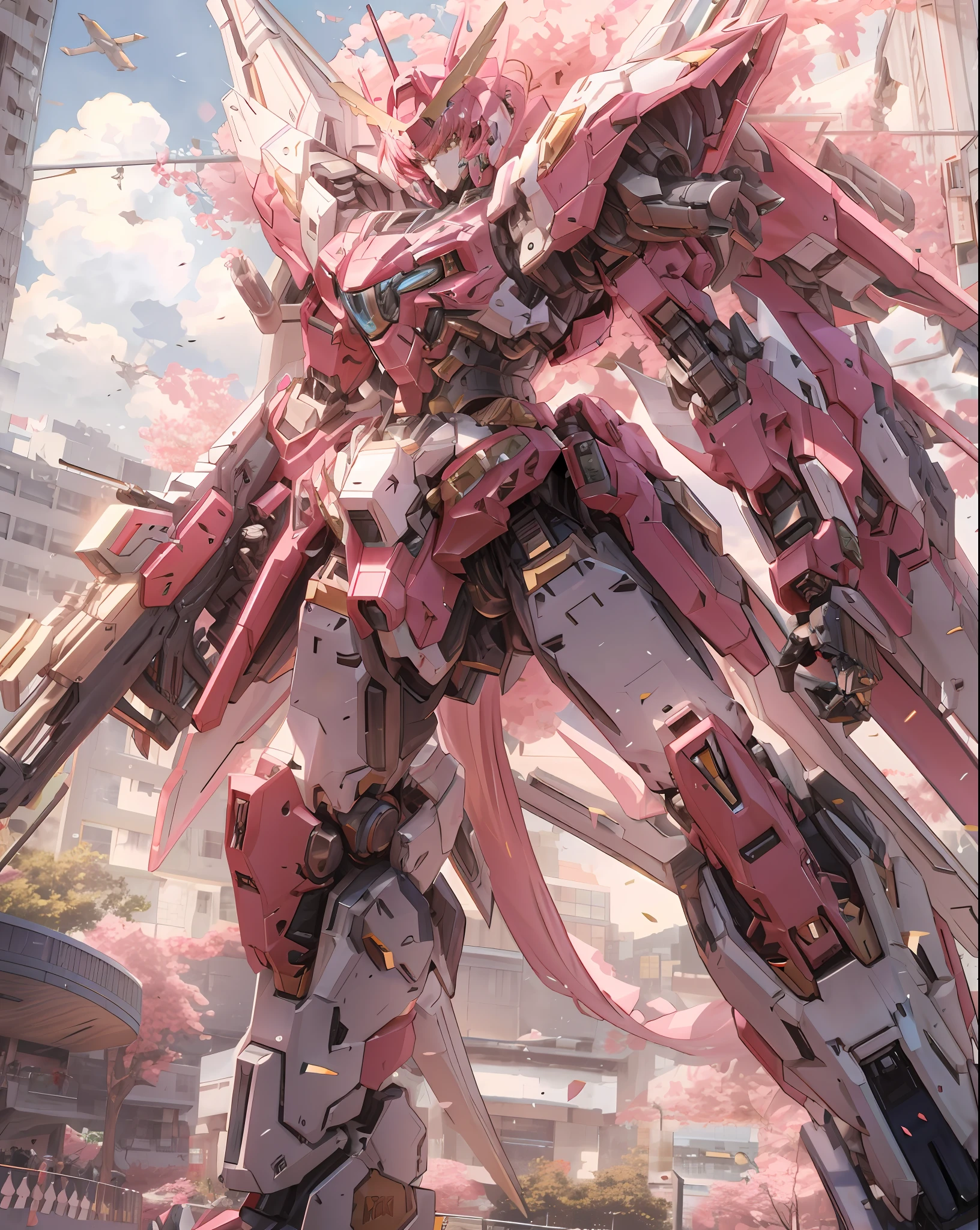 a close up of a robot with a gun in a city, anime mecha aesthetic, best anime 4k konachan wallpaper, mecha asthetic, ethereal and mecha theme, anime robotic mixed with organic, mechanized valkyrie girl, female mecha, streamlined pink armor, cool mecha style, modern mecha anime, cyberpunk anime girl mech --auto --s2