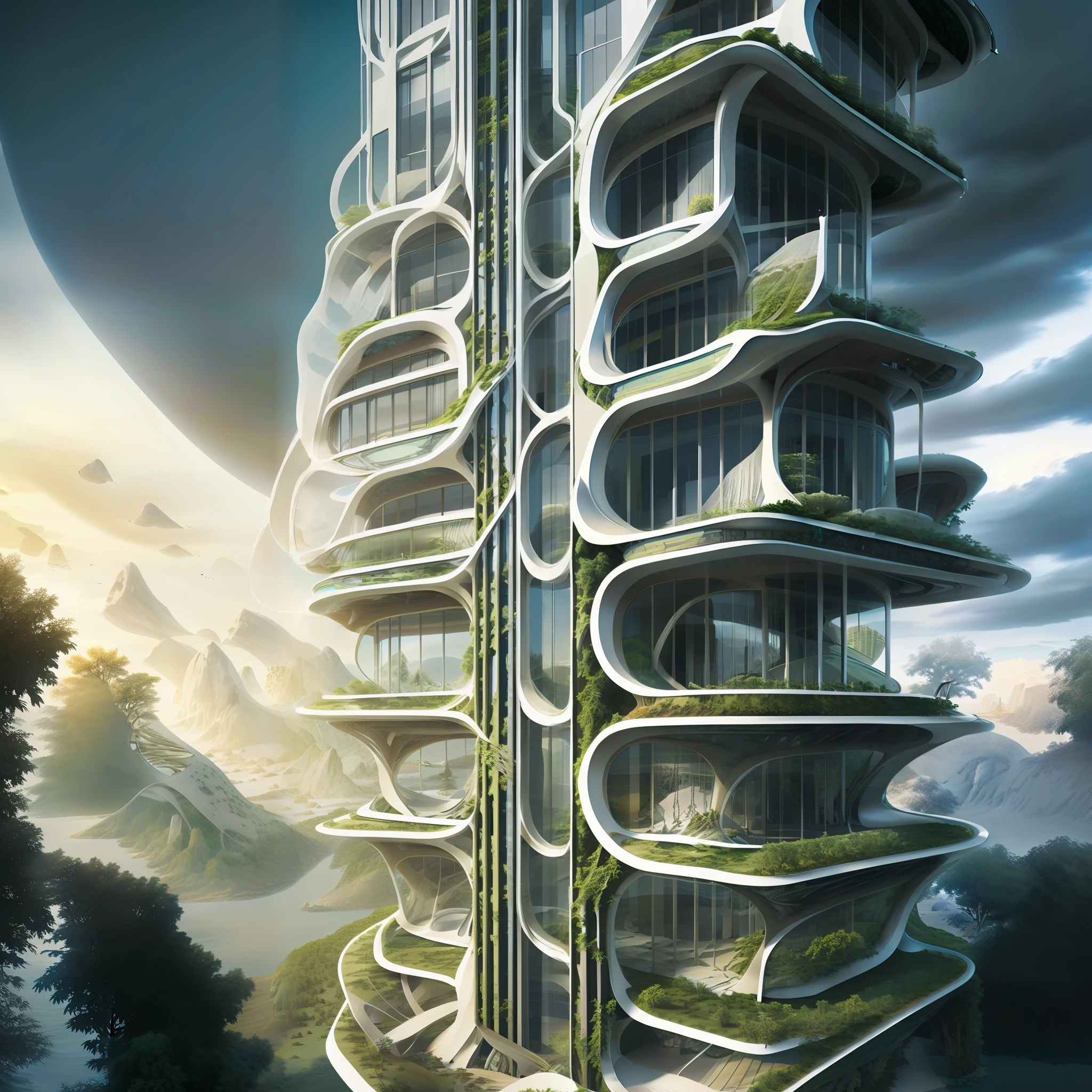 Futuristic design of an awesome sunny day environment concept art on a futuristic forest terrain with huge waterfalls,streams,sacred grooves, nature architecture, proportional,detailed, blueprint,bright clouds, nature meets futuristic architecture by Santiago Calatrava and Vincent Callebaut with Wes Anderson village,residential area, futuristic development, high rise made up staircases, balconies, full of composite glass facades, residential spaces carved from cliff side ,trending on artstation, beautiful lighting,In the style of Andreas Achenbach and Norman Ackroyd masterpiece, fantasy, intricate, award winning, 4k, highest quality