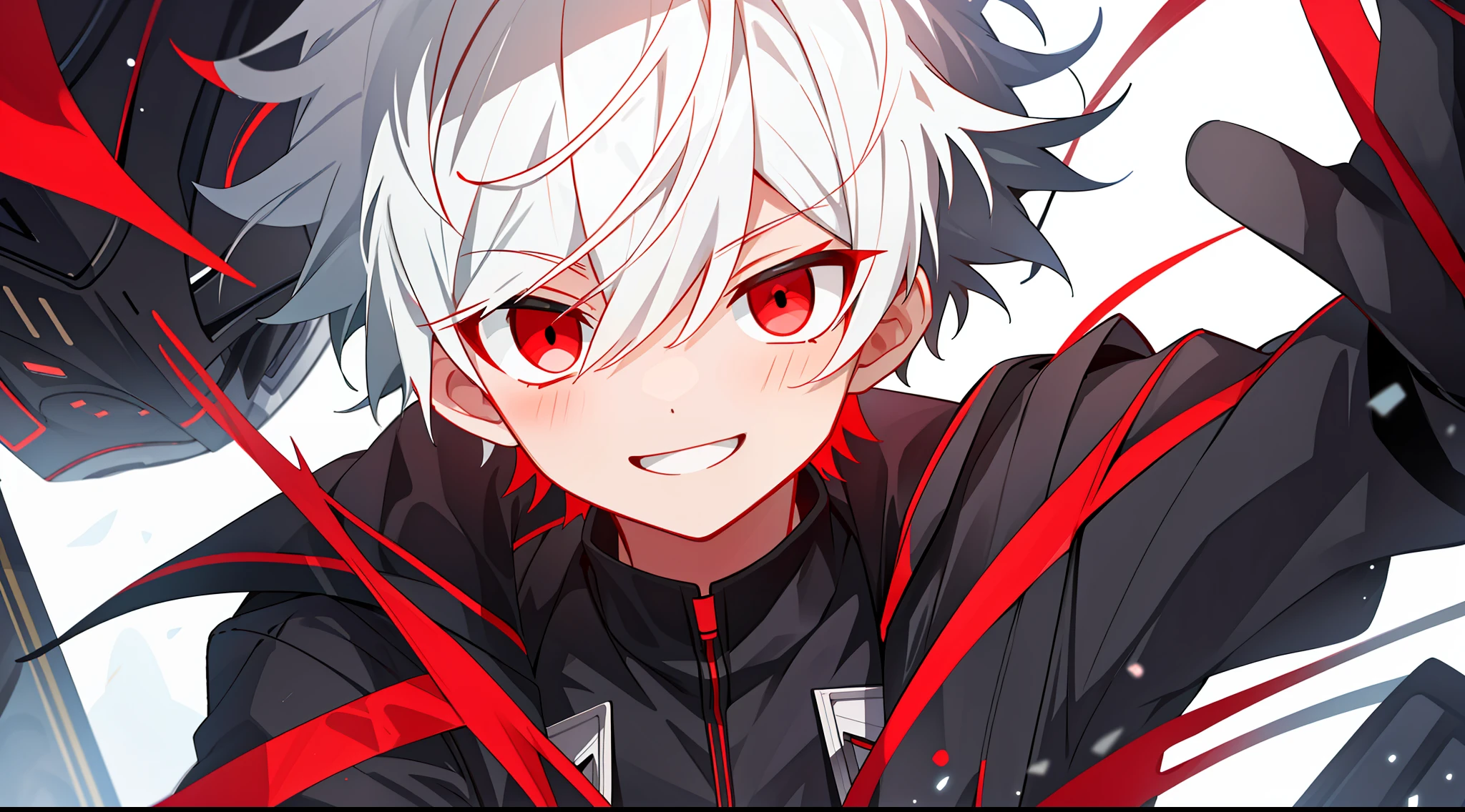 (high-quality, breathtaking),(expressive eyes, perfect face), 1boy, solo, short, young boy, short white hair, red eyes, smiling, black school uniform, wear short shorts, urban setting, cyber outfit, short shorts, virtual world