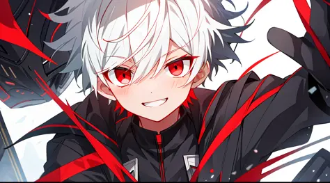 (high-quality, breathtaking),(expressive eyes, perfect face), 1boy, solo, short, young boy, short white hair, red eyes, smiling,...