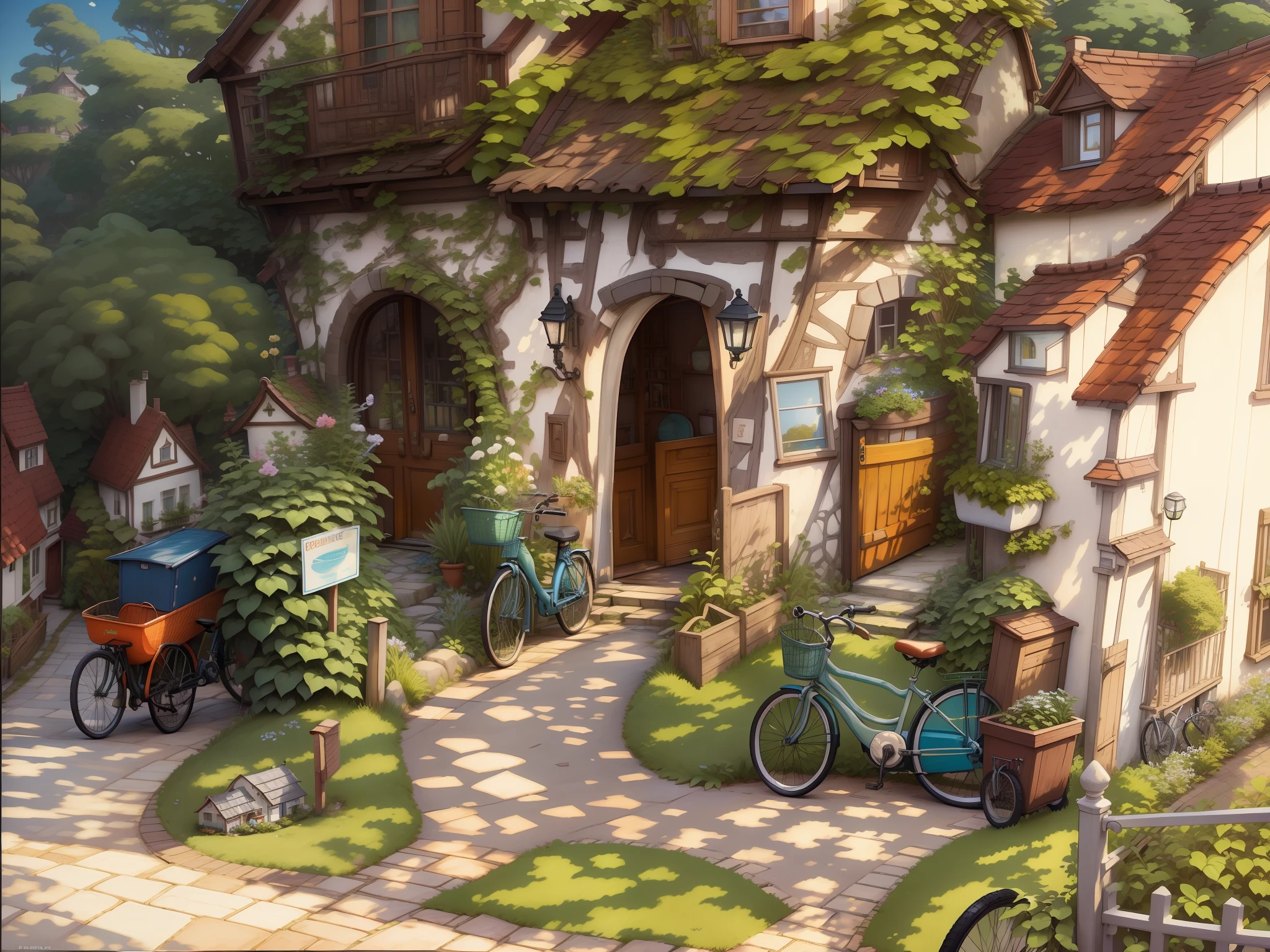 bikes parked in the garden of a house, outside, bikes, in front of the house, exterior view, near the beach, heavy vignette!, bike in the background, profile picture, taken with sony alpha 9, front, beautiful picture, by Tom Wänerstrand, look at the details, excellent detail, !! beautiful!!