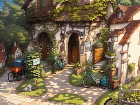 bikes parked in the garden of a house, outside, bikes, in front of the house, exterior view, near the beach, heavy vignette!, bi...