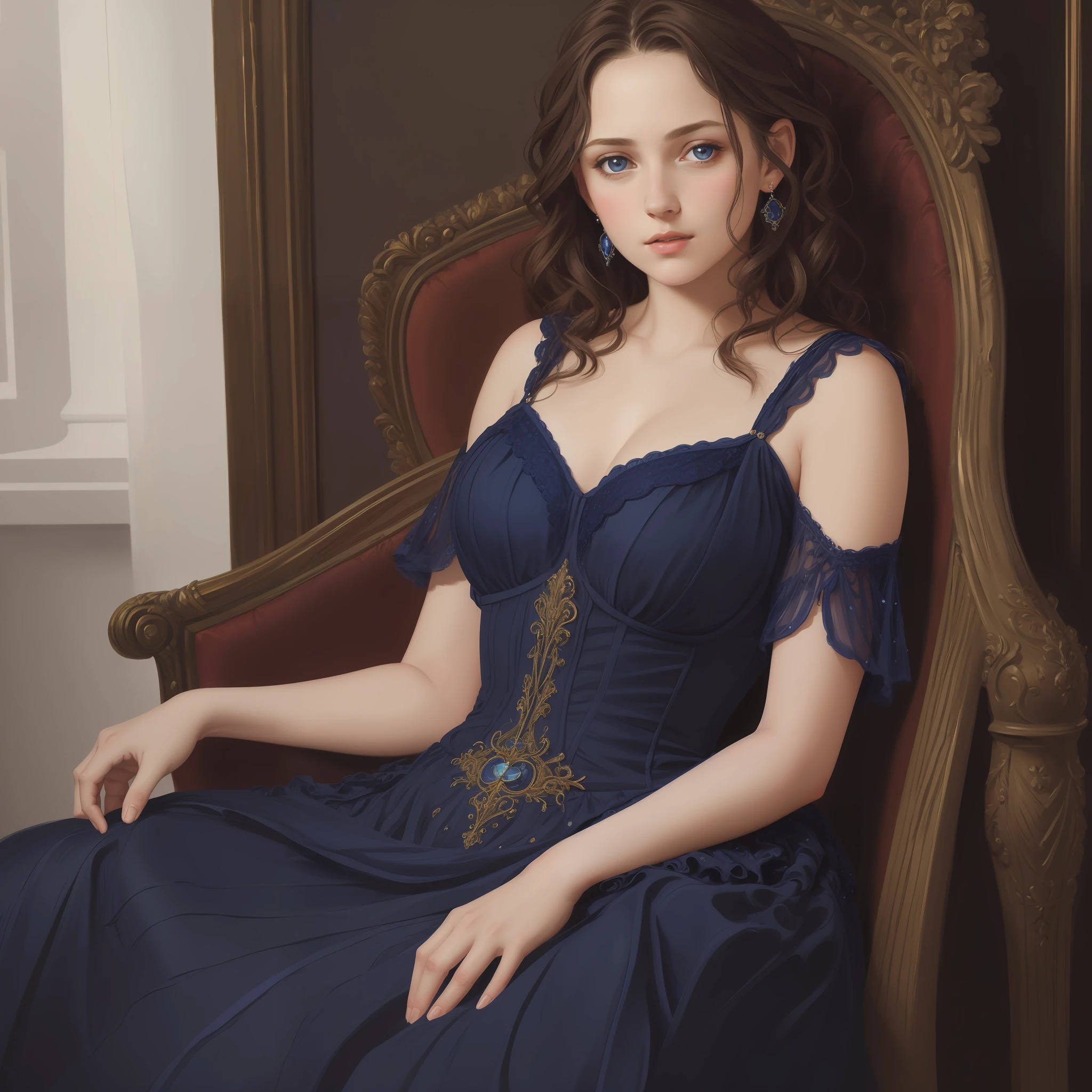 1girl, beautiful teenage girl, small breasts, revealing ornate navy blue dress, short wavy brown hair, portrait, oil painting, modern, realistic proportions, intricate, intricate details, sharp focus