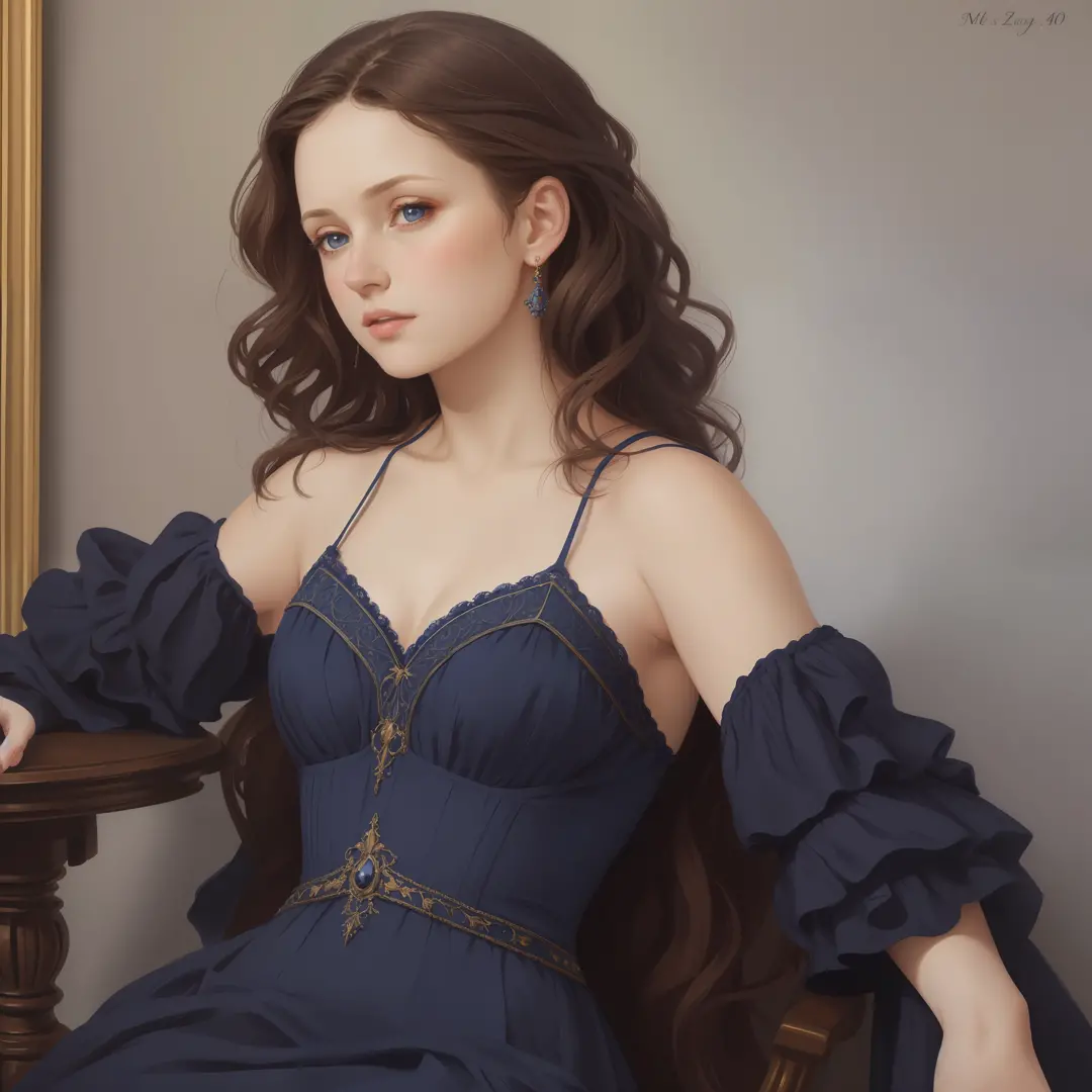 1girl, beautiful teenage girl, small breasts, revealing ornate navy blue dress, short wavy brown hair, portrait, oil painting, m...