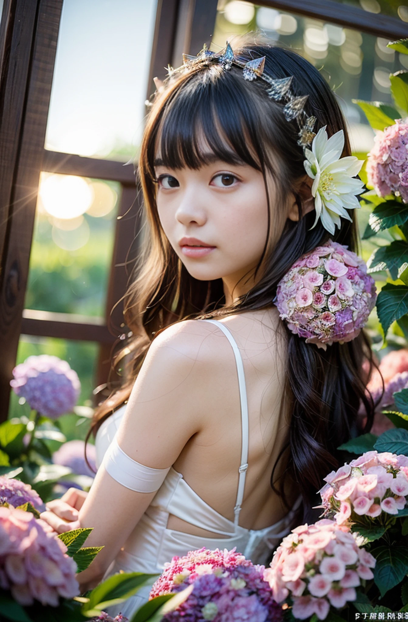 (((Full body photo))))), (((Rembrandt lighting)))),((Sunset backlight))),(Lens flare),((Wearing a red wedding dress)),((Super Soft Focus))))), smiling, (Looking into the distance)))), twilight, showering, Colorful hydrangea in the background, surrounded by hydrangeas, ((soft sunset)), (yinchuan:1.5), masterpiece, best quality, raw photo, photorealistic, face, beautiful girl, cute, (((depth of field)))), high resolution, ultra detail, fine detail, very detailed, cinematic lighting