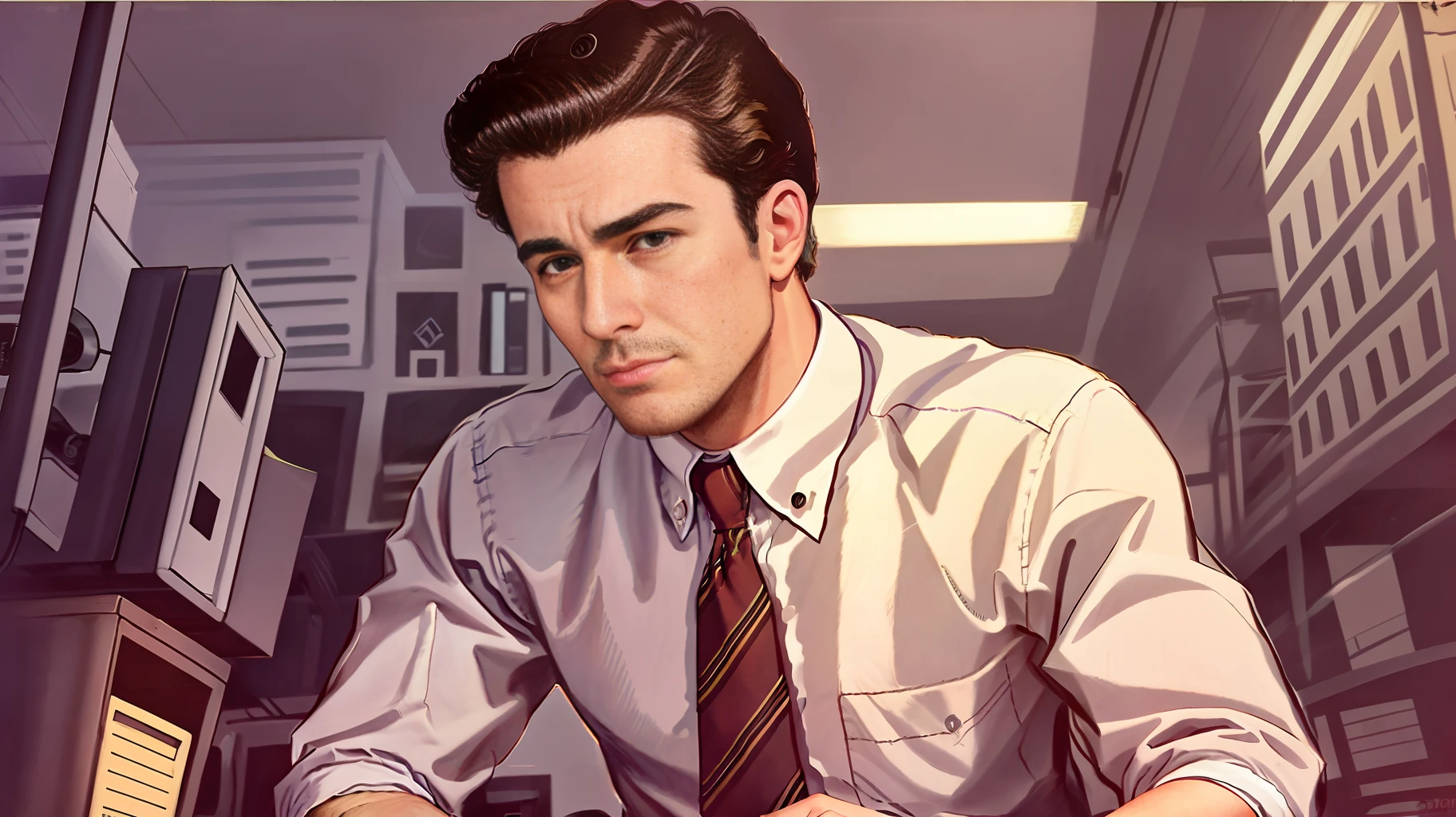 male office worker, 2020, looking stern, vintage art, illustration, upper body perspective