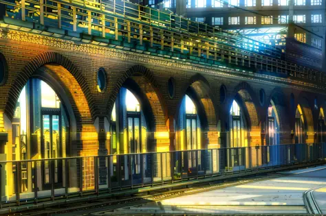 there is a train that is going by a building with arched windows, rows of windows lit internally, steel archways, in style of no...