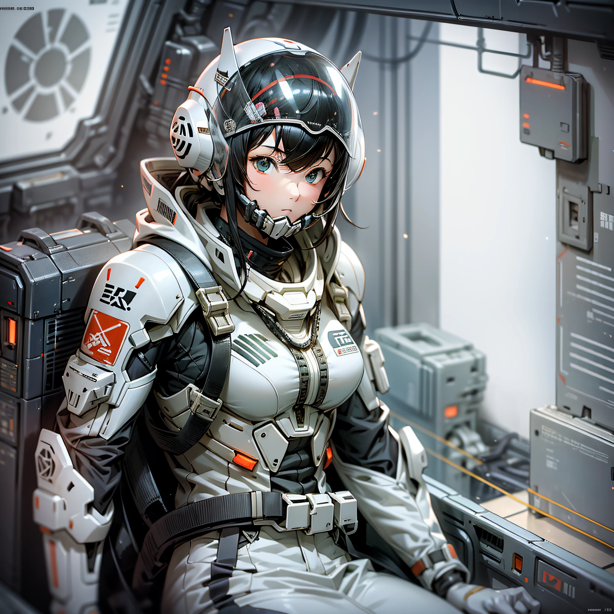 (best quality, hyper detailed:1.2), in nihei tsutomu style, knights of sidonia, 1girl, spacesuit, opend helmet, looking at viewer, sitting on the cockpit