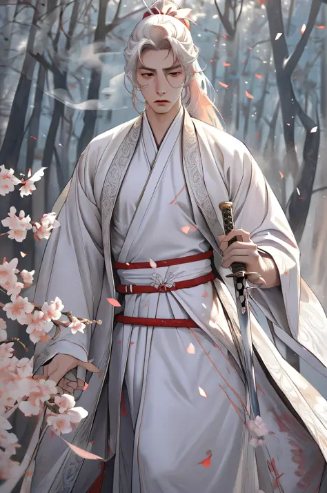 (Best Quality), (Realisticity: 1), Realistic Skin Texture, Highly Detailed, 8k Wallpaper, NSFW, Masterpiece, Superb Detail, Ultra Detailed, Detailed Facial Features, 1 Man, Man, Peach Blossom Forest, White Long Hair, Ponytail, White Hanfu, Red Belt, Long S...