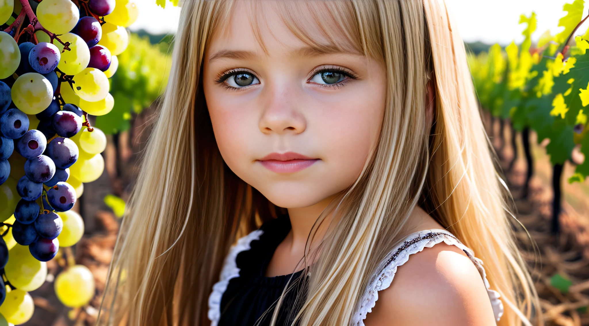 a girl BLONDE CHILD WITH LONG STRAIGHT HAIR, PORTRAIT, CLOSE UP, there are many black grapes hanging from a vine in a vineyard, grapes, wine, translucent grapes, yellow and black grapes, closeup translucent grapes, grape, 1/30, elaborate composition, thick and dense vines, best-selling, vineyard, high-quality product image", by Karl Völker, adult, f 2 0,  Harvest, award-winning masterpiece