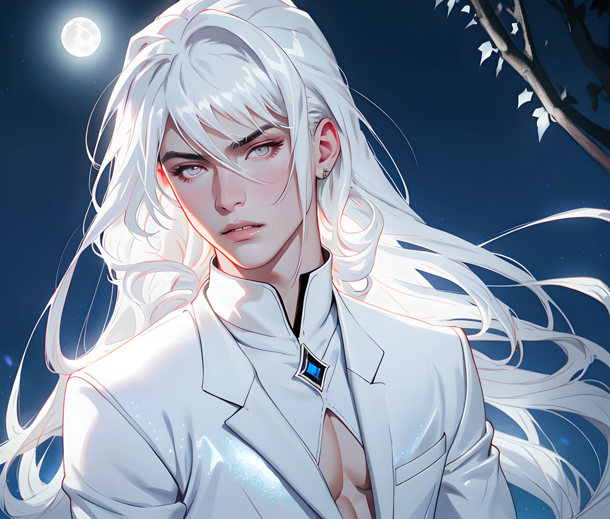 masterpiece, highest quality, (perfect face:1.1), (high detail:1.1), angel,vampire with long voluminous Ivory white hair, soft hair, neon white eyes, solo ,1guy, long hair, white luxury suit, Roses, snowflakes, moon, detailed background, realistic, covered navel, pouty lips, curvy guy, perfectly drawn face, cinematic lighting, balenciaga, glitter