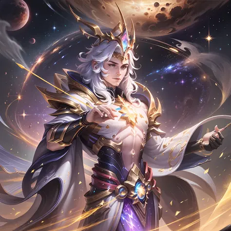 cosmic colors, texture, starry effect, galaxy:0.8 stunning digital art of (Yorn from Arena of Valor)1.6 as a cosmic god, wearing...