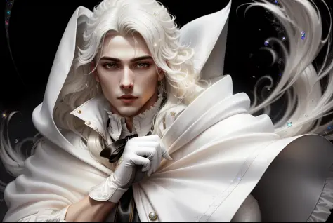 masterpiece, ultra detailed artistic photography of a beautiful guy vampire model, 1guy, perfectly drawn face, A white cloak flu...