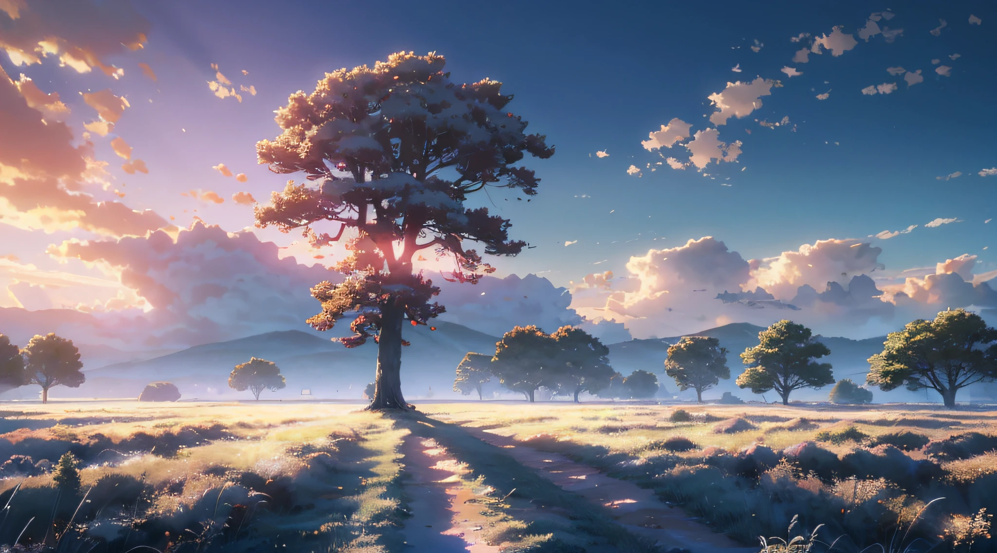 (extrem detailliertes CG Unity 8k-Hintergrundbild, Meisterwerk, beste Qualität, ultra-detailliert), beste Ausleuchtung, Magischer Baum, allein, geheimnisvoll, zauberhaft, riesiges Feld, subtiler Wind, launischer Himmel, traumhaft. --auto --s2