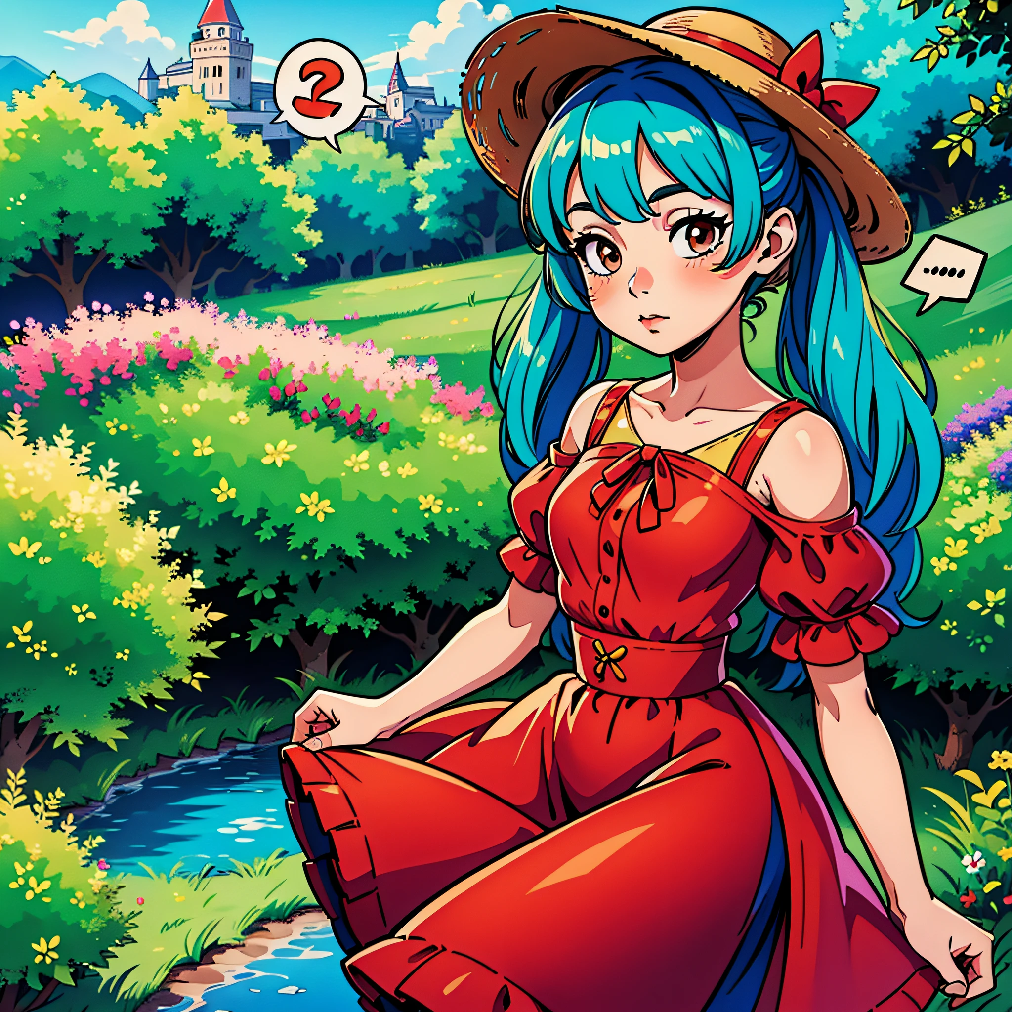 (masterpiece, detailed, highres:1.4), glade, green grass, in the background of the forest, there is a castle in the background, sky, sun, clouds, flowers in glade, , , brown eyes, ((blue hair, long hair, twintails)), face, cute face, blush, stockings, (((red dress with a short skirt)), short sleeves, shoulder-length sleeves, Panama hat, ((speech bubble))