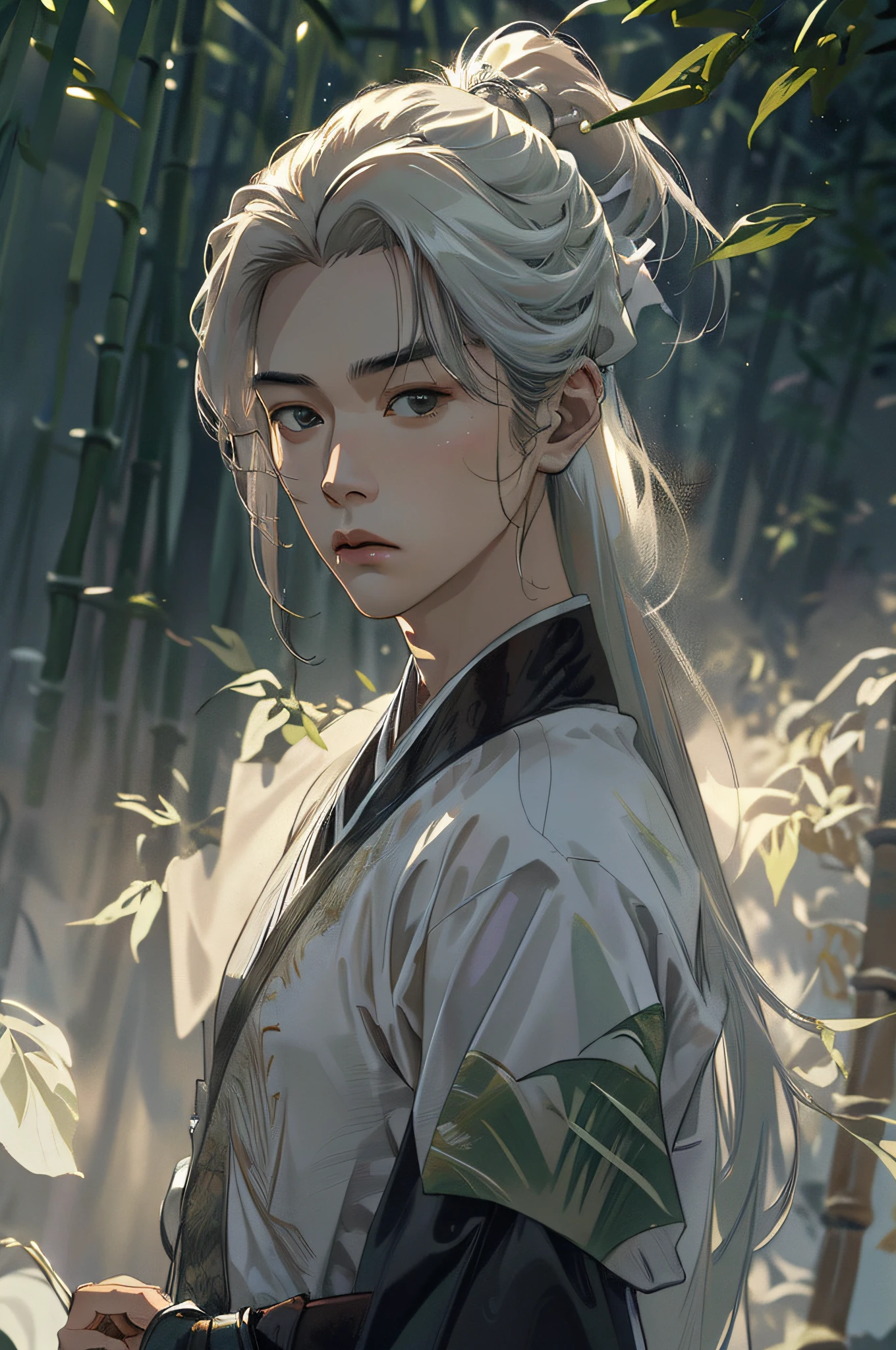 (Best Quality), (Realisticity: 1), Realistic Skin Texture, Highly Detailed, 8k Wallpaper, Masterpiece, Ultra Detailed, Detailed Facial Features, Volume Lighting, Dynamic Lighting, Bust Shot, 1 Man, Man, Bamboo Forest, Long White Hair, Ponytail, Green Headdress, Long Sword Held, Bamboo Leaves Falling, Hazy Smoke, Black Hanfu, Long Sword in Hand, Movie Lighting, Dynamic Perspective,