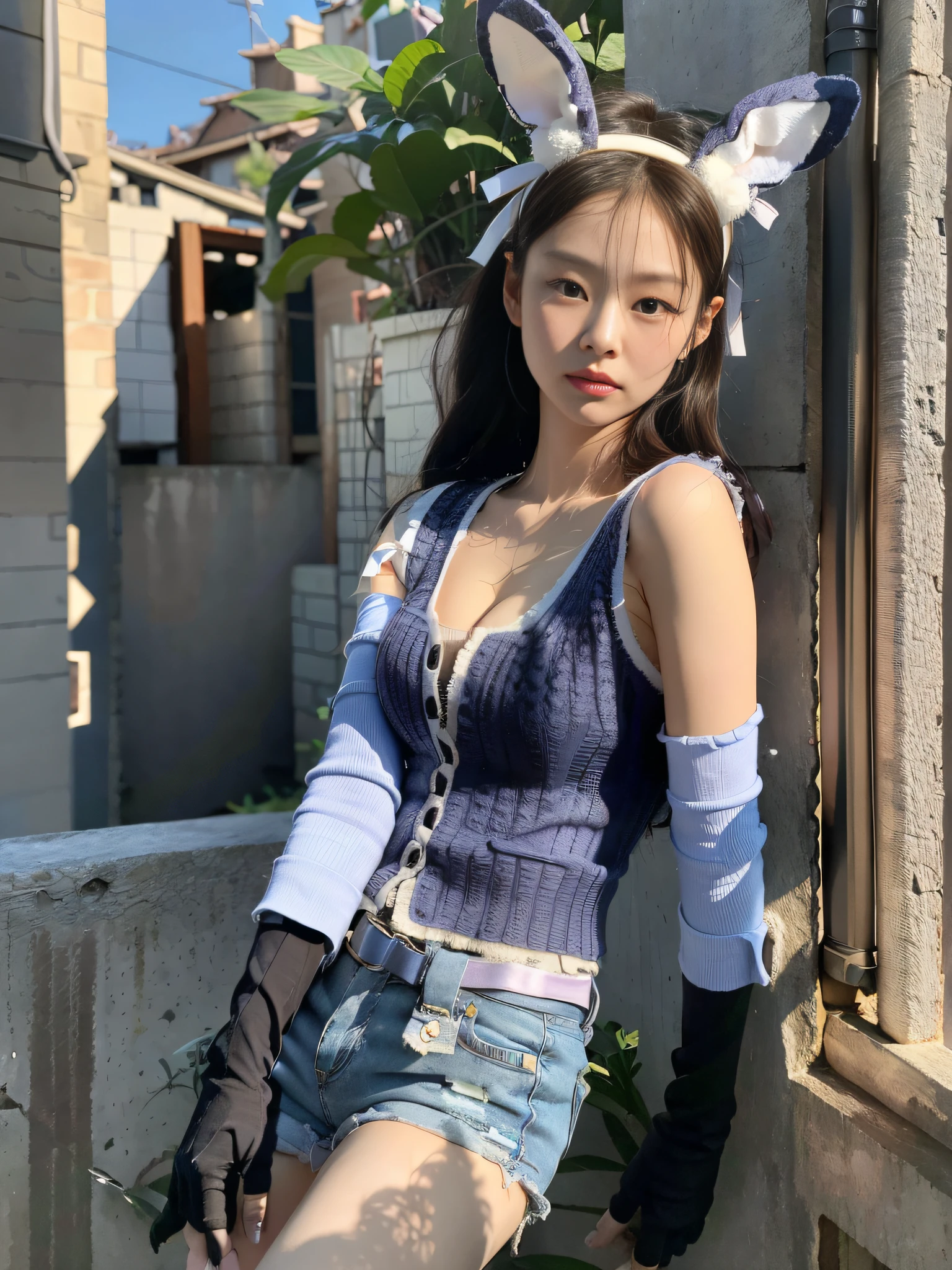 Kim Ji-ni visage de Jennie, porter un bandeau en lapin, porter une chemise bleue cintrée, Taille ouverte, gilet de moto court décolleté, short serré, gants, Mur gris de fond, fort contraste, la lumière du soleil sur le visage