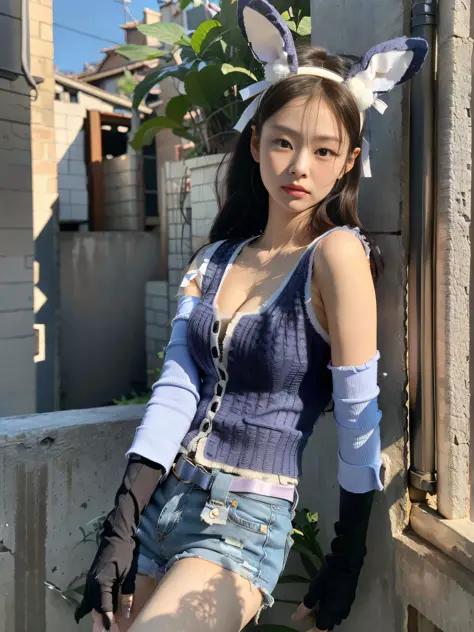Kim Ji-ni Jennie face, wearing a rabbit headband, wearing a slim blue blue shirt, open waist, short motorcycle vest cleavage, ti...