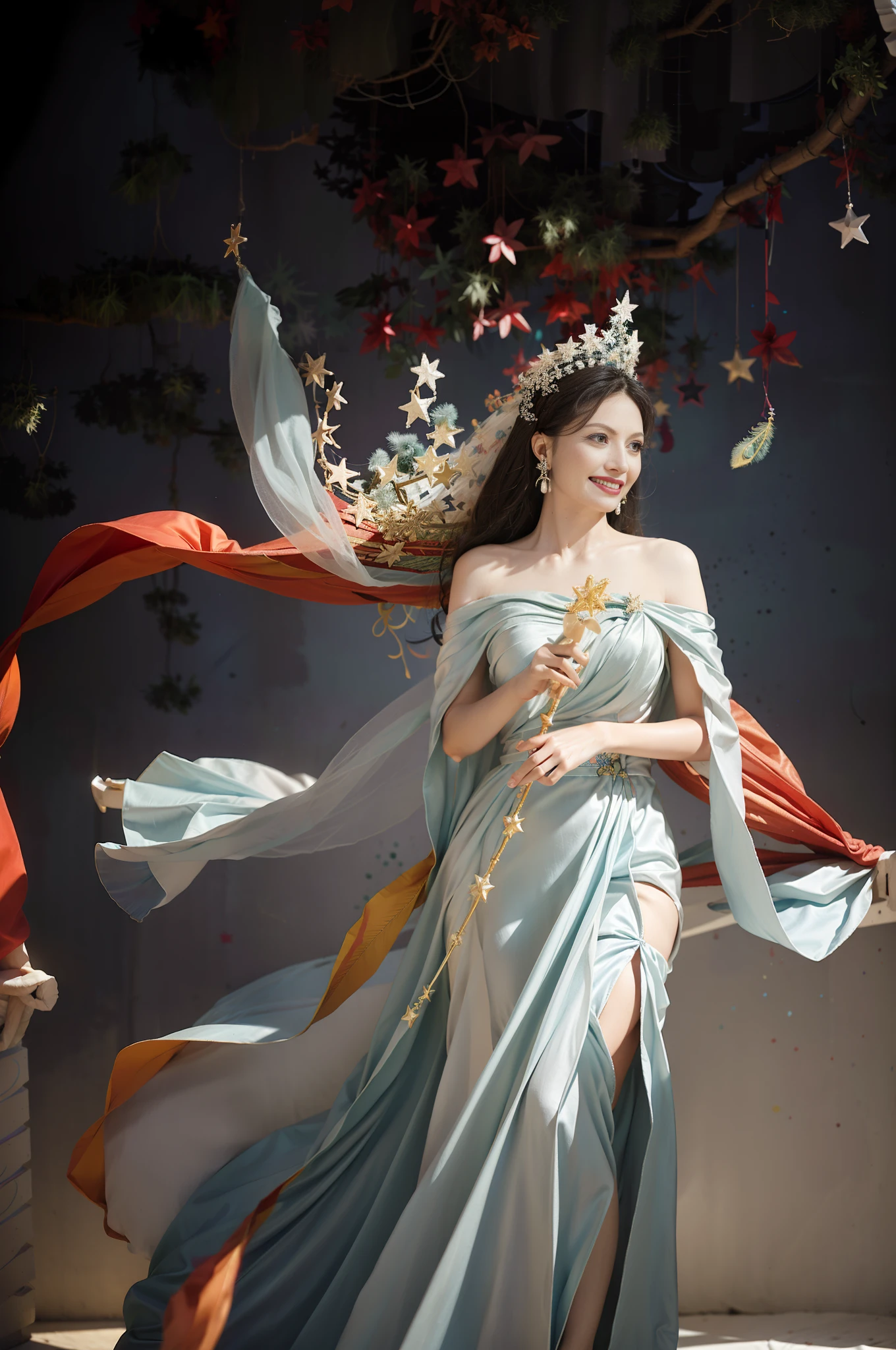 (Masterpiece, top quality, best quality, extreme detail, highest detail, official art, Beauty and Aesthetics: 1.2), Colorful, Denim Shot, Upper Body Shot, Beautiful Face, Solo, Perfect Body, On the Sky Clouds, Fairy, Flowing Streamers, Sun Rays, Clouds, Full Body, Hanfu, Chinese Clothes, White Dress, Water, Fireflies, Night, Starry Sky, Jewelry, Feathers on Dresses, Peacock Feathers, Light Particles, Volumetric Lighting, Ray Tracing (Flowing Streamers: 1.1), (Fantasy: 1.2), Illuminator, Stars, Fantasy, High Contrast, Ink Strokes, Overexposure, Purple and Red Tone Impressions, Abstract, ((Watercolor by John Berkey and Jeremy Man)) Brush Strokes,