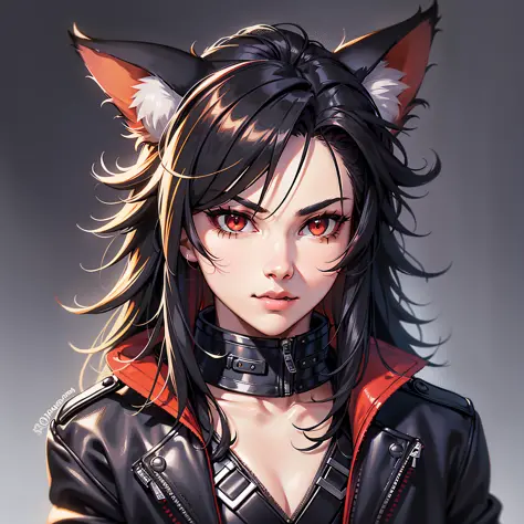 (anthropomorphic fox cute cub) with black jacket, red eyes, hairy body, young, portrait, bust, posture facing the camera, cartoo...