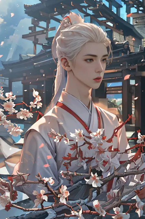(Best Quality), (Realisticity: 1), Realistic Skin Texture, Highly Detailed, 8k Wallpaper, Masterpiece, Ultra Detailed, Detailed Facial Features, Volume Lighting, Dynamic Lighting, Bust Shot, Men, Peach Blossom Forest, White Long Hair, Ponytail, White Hanfu...