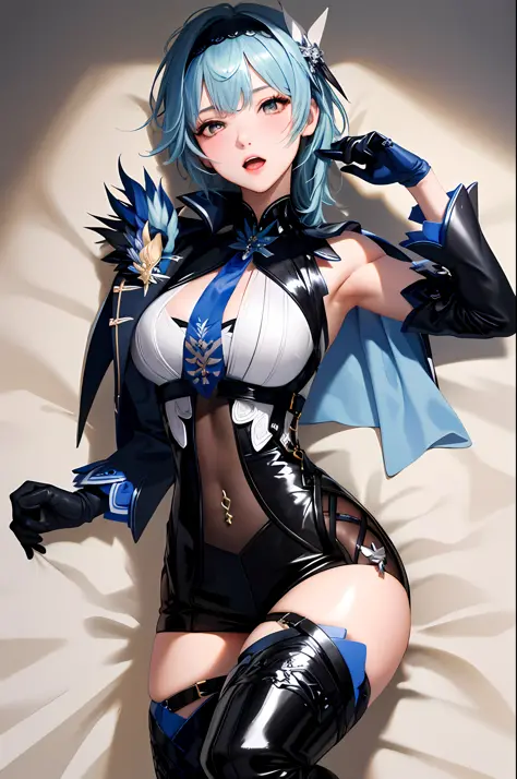 (((masterpiece,high resolution,best quality))), 1girl, blue hair, seductive face, solo,wine bottle,bare legs, large breasts, lying, on back, petals, looking at viewer, armpits, open mouth, solo, blush, wet clothes, heart, arms up, wet, bed sheet, origin, 1...