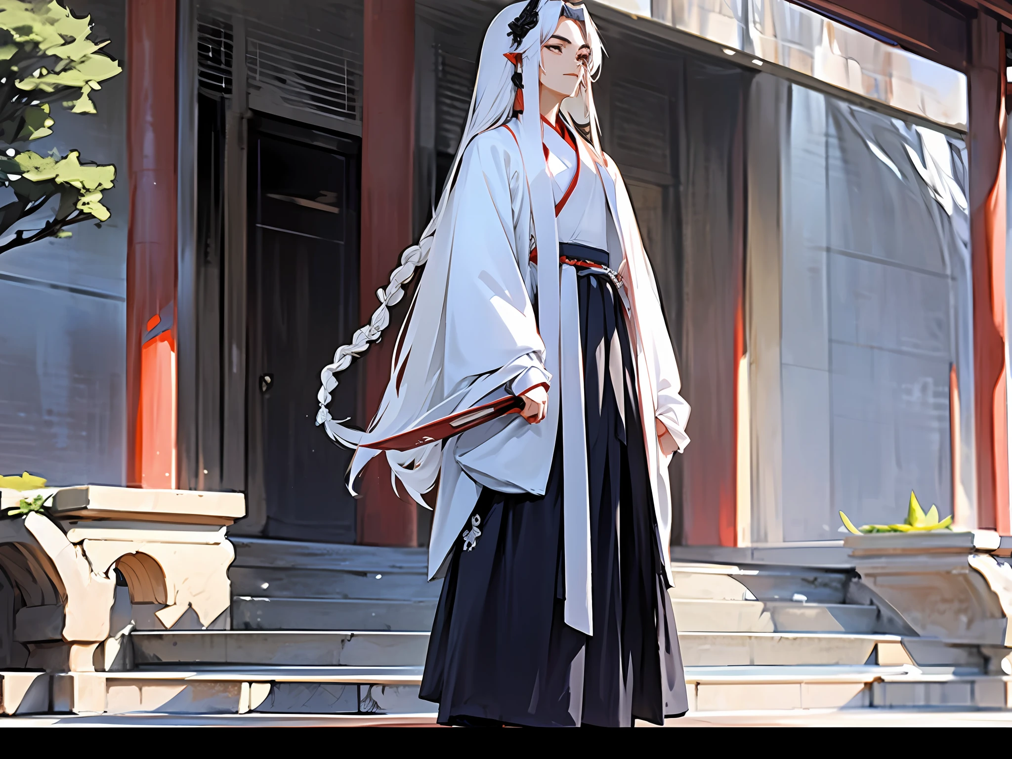 um homem, vestido em Hanfu, no portão do palácio, cabelos longos brancos e tranças, China antiga, Palácio imperial chinês, estilo chinês, palaciano palácio chinês, Super detalhes, Obra de arte, atrás de dez pessoas em pé em Hanfu