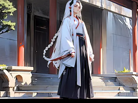 A man, dressed in Hanfu, at the gate of the palace, white long hair and braids, ancient China, Chinese imperial palace, Chinese ...