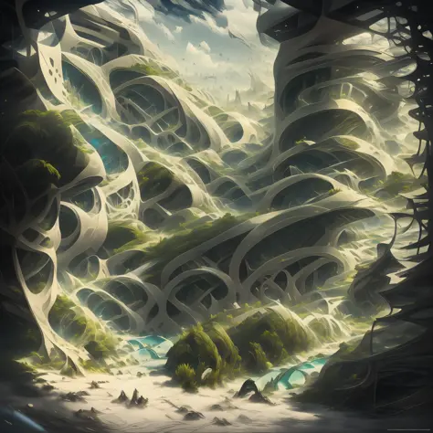 Airbrush drawing --v 5.1 style Futuristic design of an awesome sunny day environment concept art on a futuristic forest terrain ...