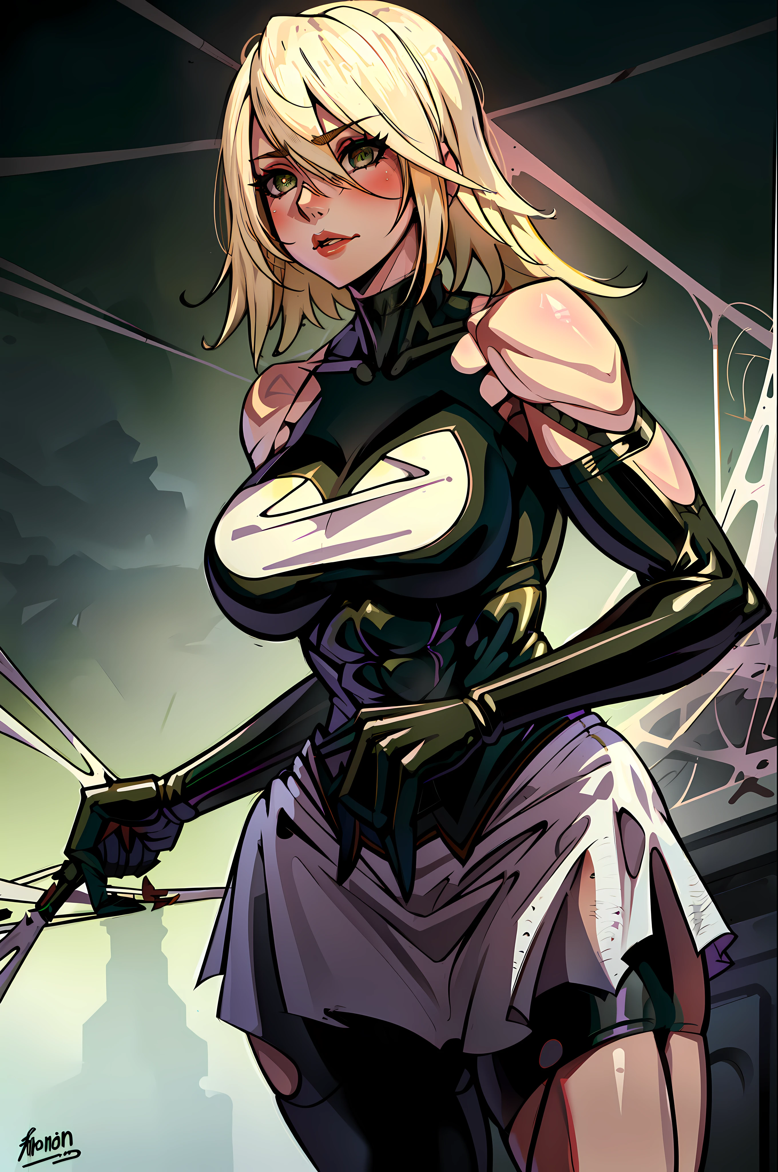 (((1girl))), ((blonde hair)), spider, ((spider web)), silk, green eyes, konosuba, large breasts, waifu, muscular 
masterpiece, best quality, highly detailed