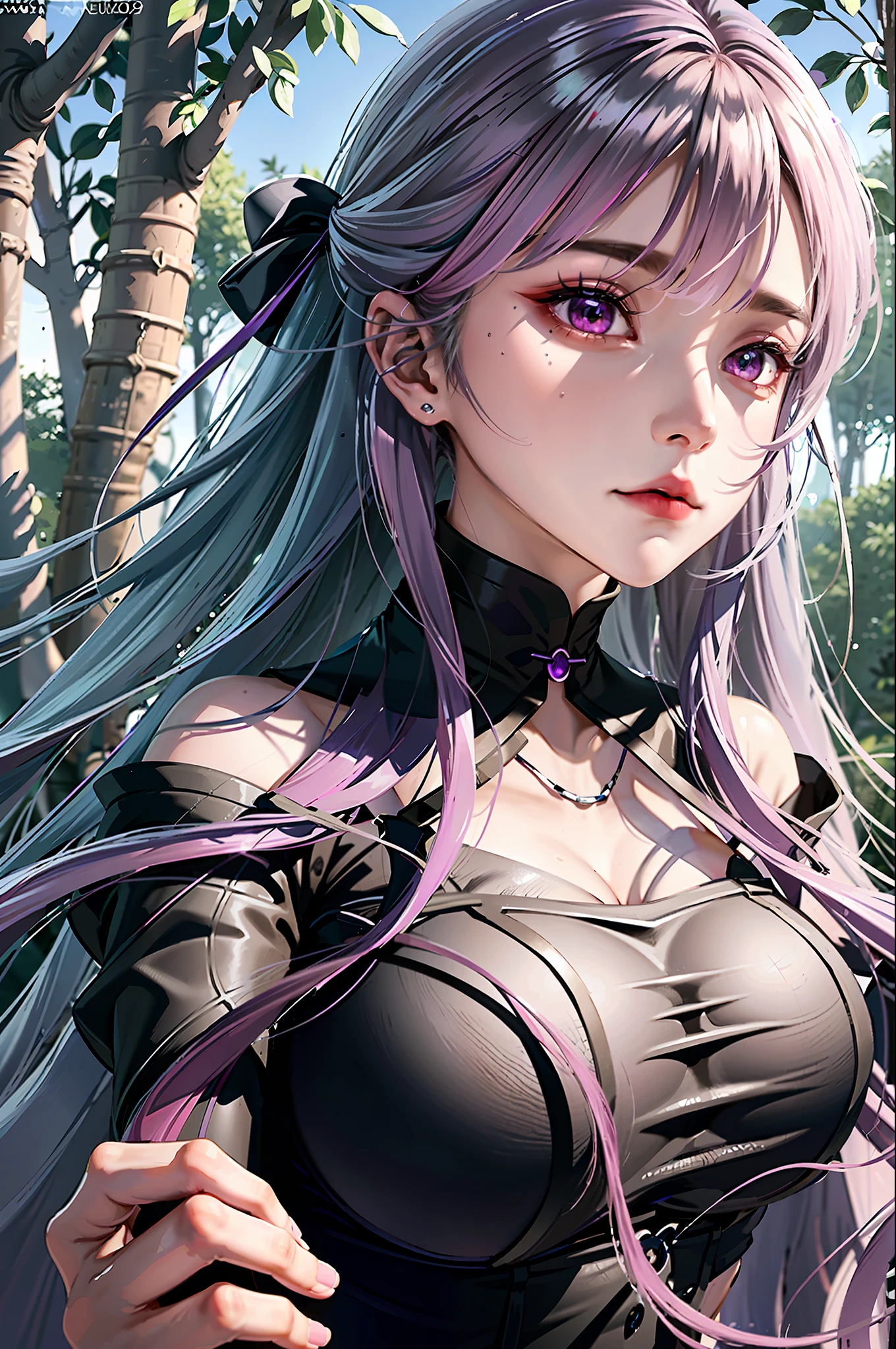 masterpiece), best quality, ultra-detailed, 8k CG unity wallpaper, best lighting and shadows, wearing sorceress clothes, violet eyes, (black clothing),(floating), in a magical forest, atmosphere of mystery, fog lighting, sharp depth of field, dense grass, volumetric light, majestic and epic environment. silver hair.